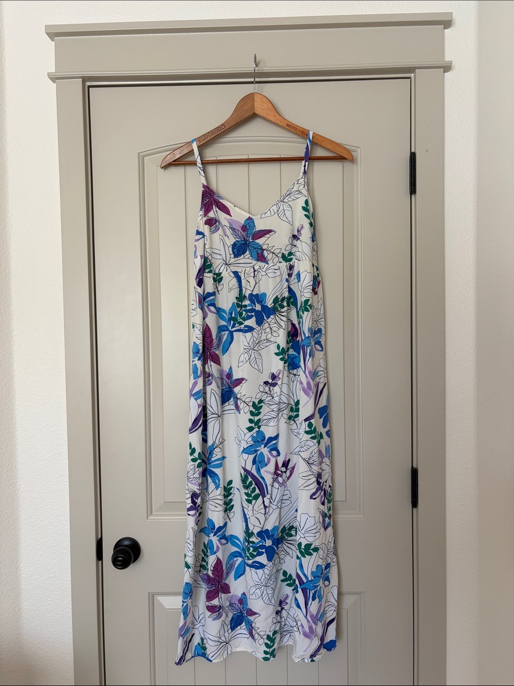 White Maternity Floral Dress with Blue & Purple Blooms
